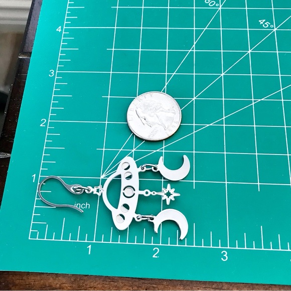 🆕 Spaceship with Moon and Stars Laser Etched Earrings Stainless Steel - Picture 3 of 3